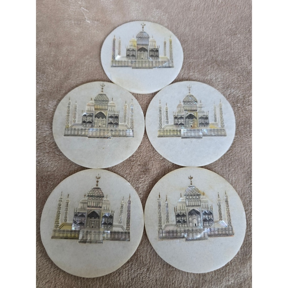 Vintage Taj Mahal Marble Coasters Set of 5 White Stone Inlay Mother of Pearl
